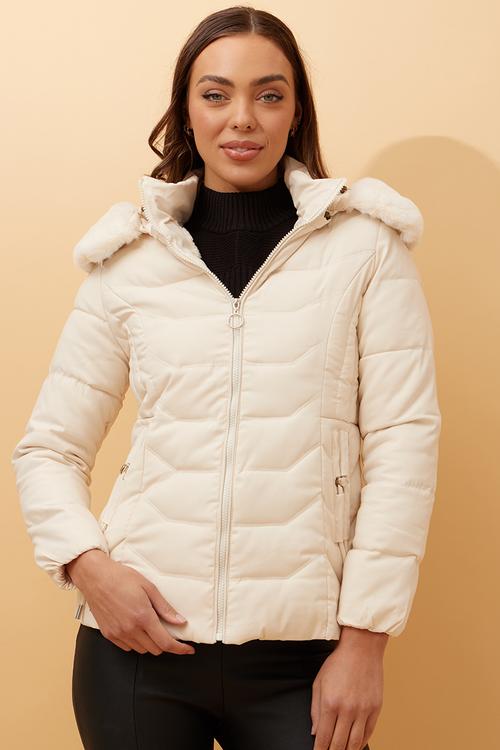 L/S Zip Through Puffer Jacket With Detachable Fur On Hood - White