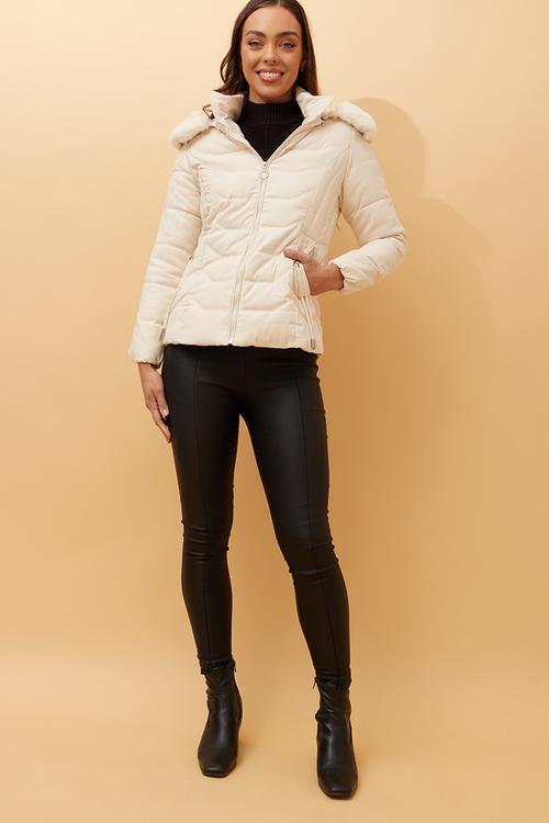 L/S Zip Through Puffer Jacket With Detachable Fur On Hood - White