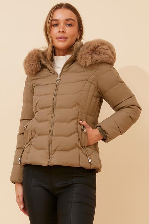 L/S Zip Through Puffer Jacket With Detachable Fur On Hood - Latte