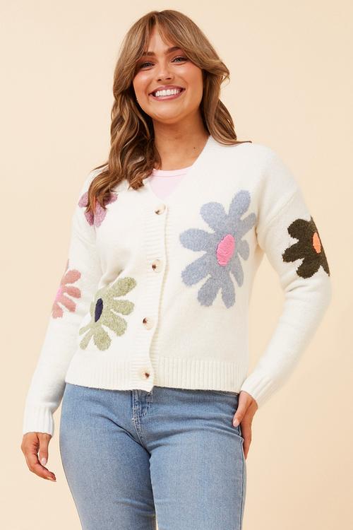 L/S V-Neck Cardigan With Floral Design And Embroidery - Ivory