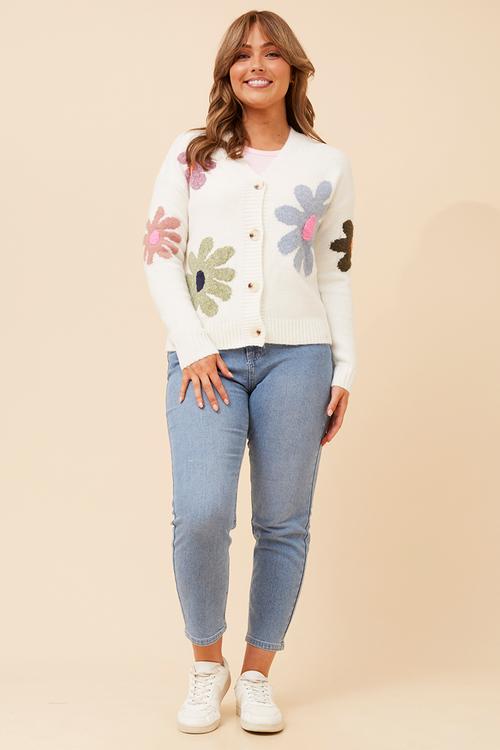 L/S V-Neck Cardigan With Floral Design And Embroidery - Ivory