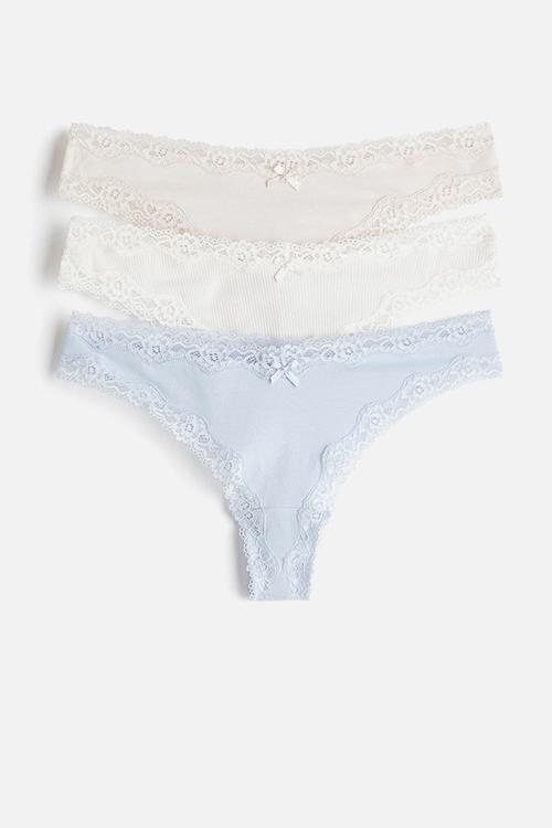 3 pack cotton and lace brazilian briefs - light blue/white