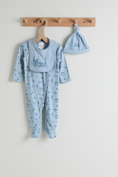 Onesie with bib & beanie - blue/multi