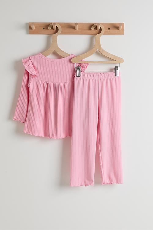 Ribbed pj set with shoulder frills - pink