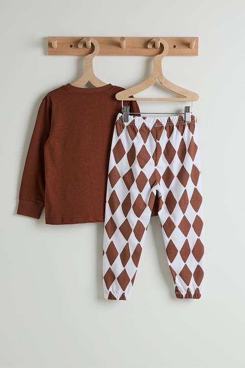 Harlequin print pj set - saddle brown/dino