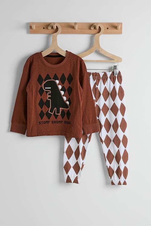 Harlequin print pj set - saddle brown/dino
