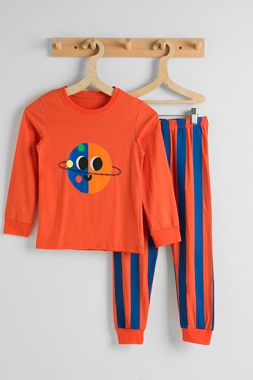 Placement print pj set - pumpkin orange/blue stripes