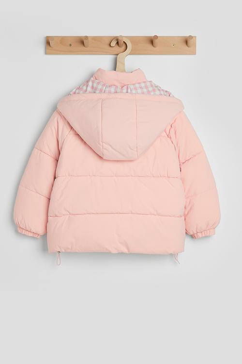 Snap closure hood puffer jacket - pink/pink gingham