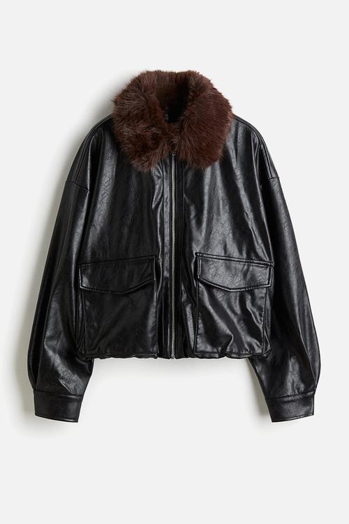 Fluffy-collared jacket - black/brown