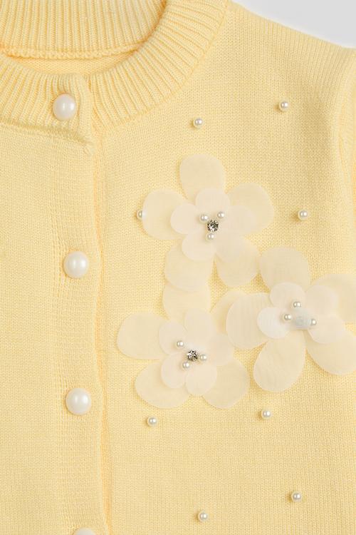 Pearl and flower embellished cardigan - yellow