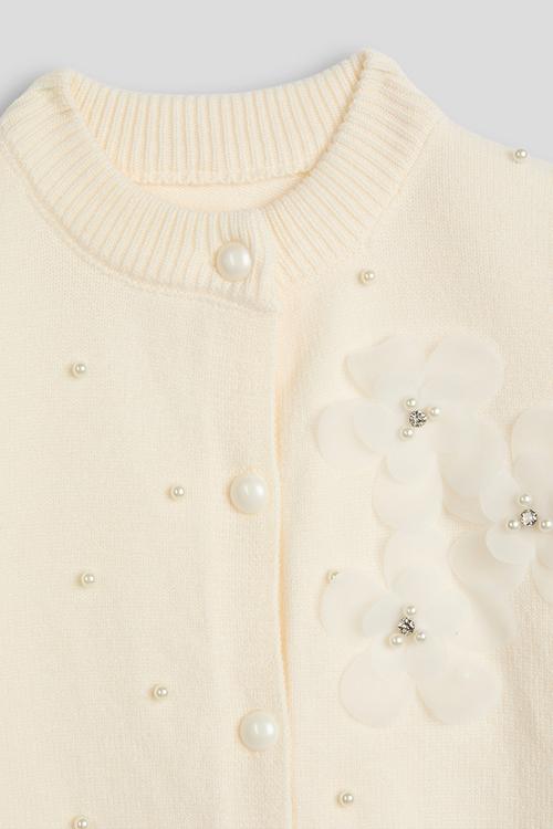 Pearl and flower embellished cardigan - cream
