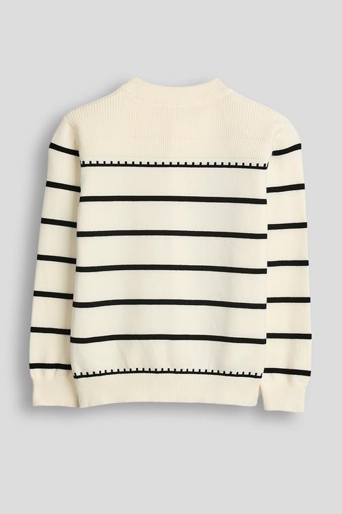 Ribbed shoulder yoke cardigan - cream/stripes