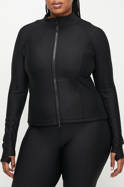 Plus Fleece Lined Zip Thru Long Sleeve - Black