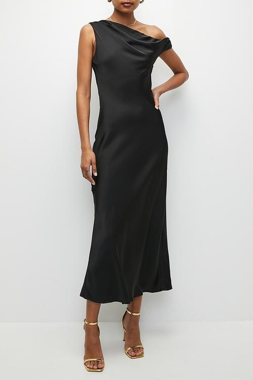 Asymmetric Satin Maxi Dress - Black