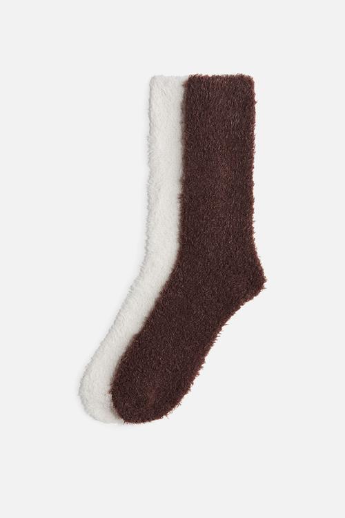 2-pack fluffy socks - dark brown/white