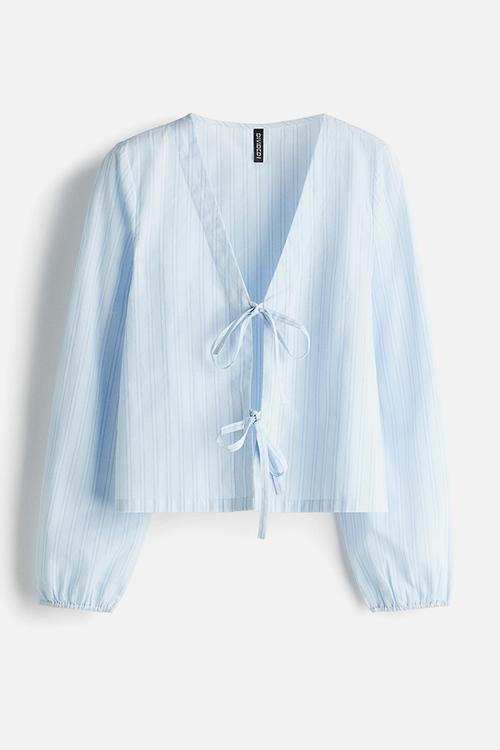 Tie-front cotton blouse - light blue/striped
