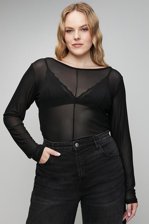 Plus Boat Neck Mesh Top - Black