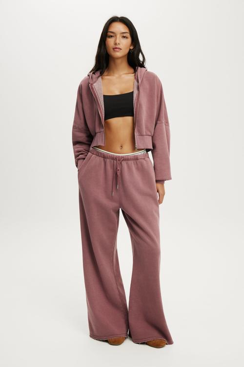 Active Raw Edge Zip Through Hoodie - Washed Dusty Rose