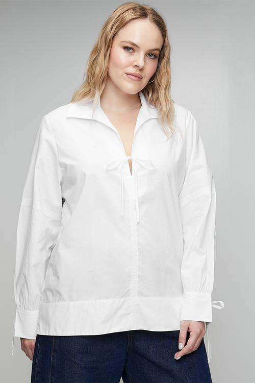 Plus Cotton Tie Detail Blouse - White