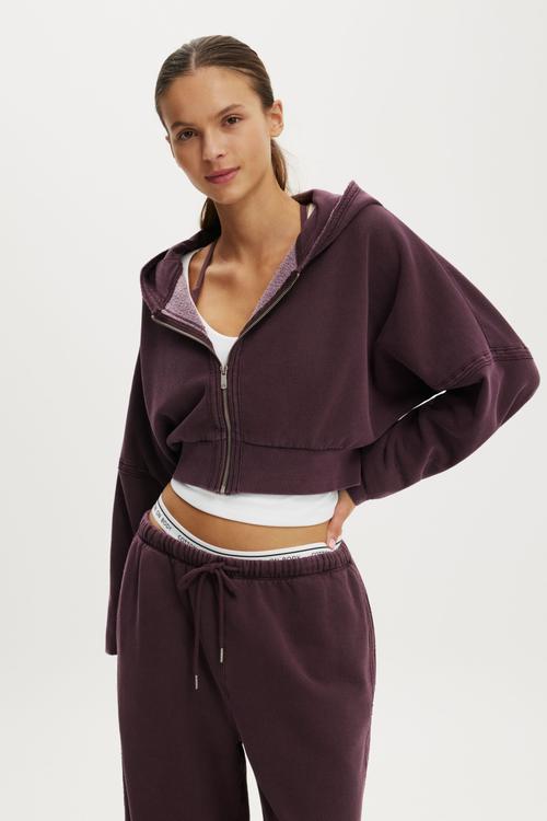 Active Raw Edge Zip Through Hoodie - Washed Choc Plum