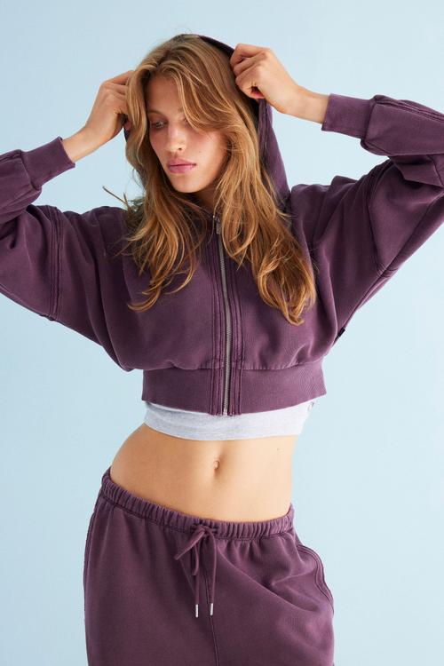 Active Raw Edge Zip Through Hoodie - Washed Choc Plum