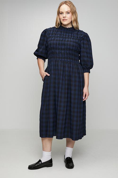 Plus Gingham Shirred Midi Dress - Navy/Black