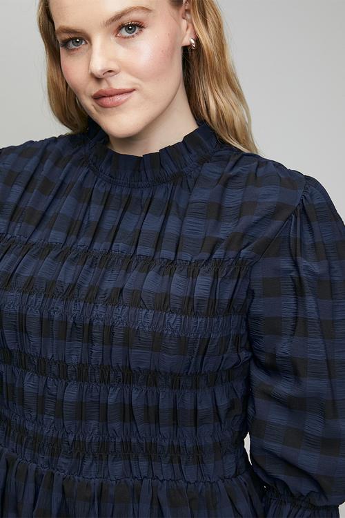 Plus Gingham Shirred Midi Dress - Navy/Black