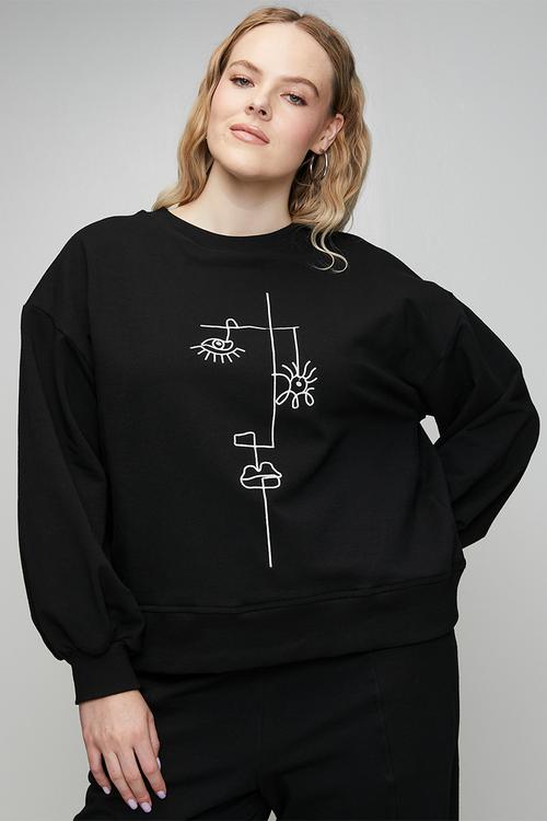 Plus Cornelli Face Sweat Top - Black