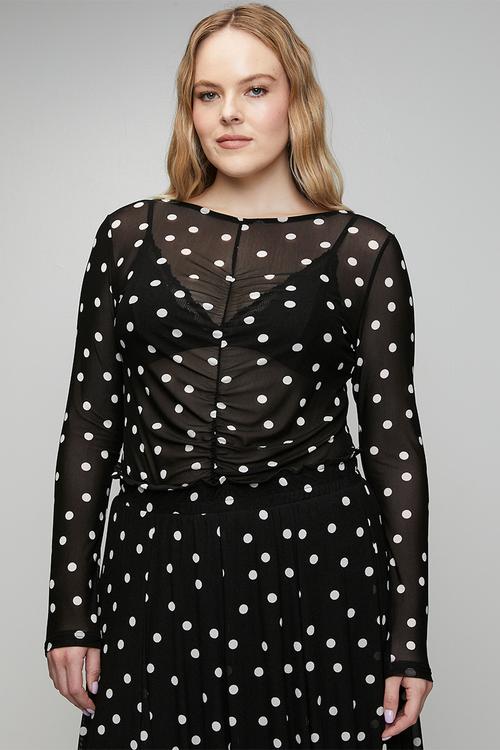 Plus Ruched Front Mesh Top - Black