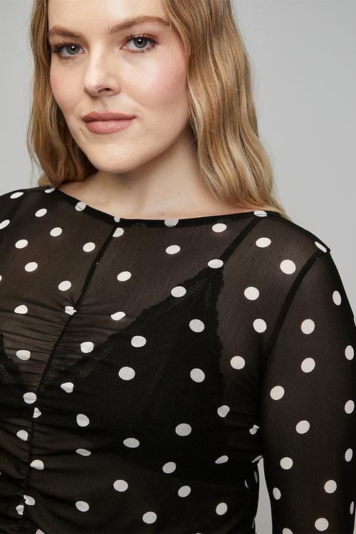 Plus Ruched Front Mesh Top - Black