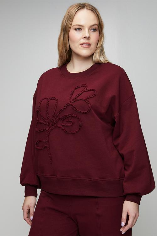 Plus Sequined Flower Sweat Top - Burgundy