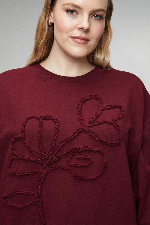 Plus Sequined Flower Sweat Top - Burgundy