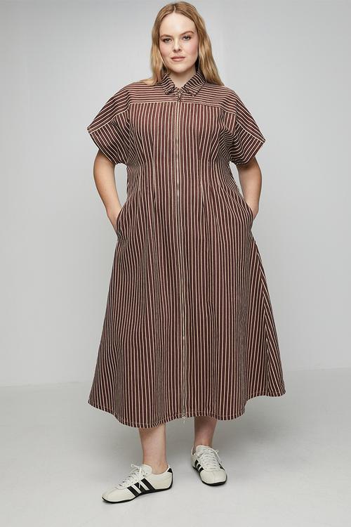 Plus Zip Front  Stripe Denim Shirt Dress - Choc