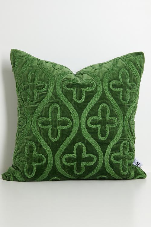 Embroidered Velvet Cushion Cover - Green