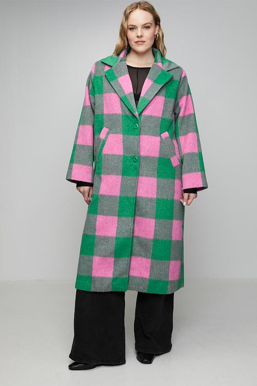 Plus Melton Coat Check - Pink/Green