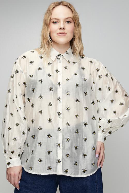 Plus Embroidered Bee Bellow Sleeve Shirt - Yellow