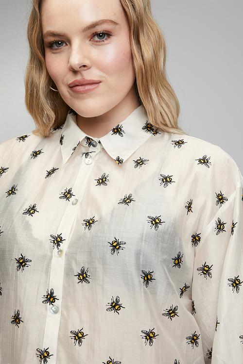 Plus Embroidered Bee Bellow Sleeve Shirt - Yellow