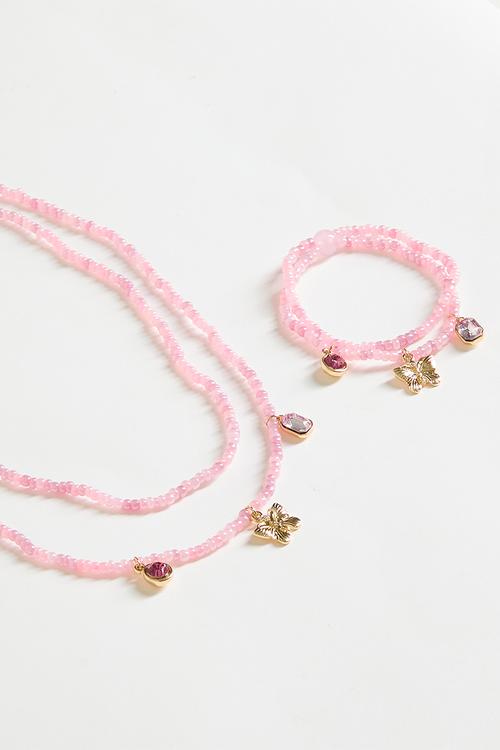 Kids Fashion Necklace & Bracelet Set - Tea Party Pink/Beaded Charms