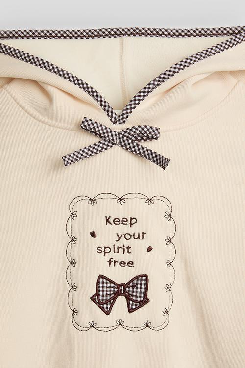 Embroidered slogan hoodie - cream/dark brown gingham