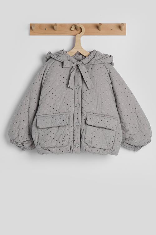 Micro dot neck tie puffer jacket - grey/aop