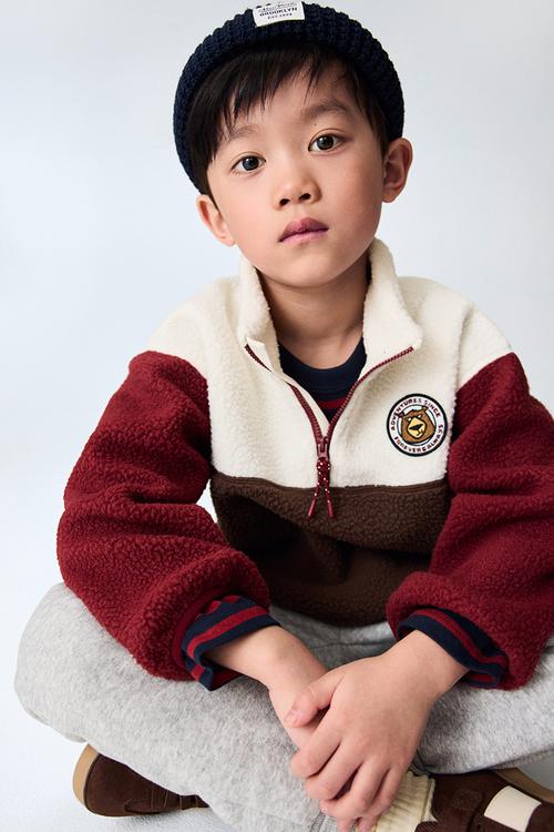Zip-top teddy sweatshirt - dark brown/colour block