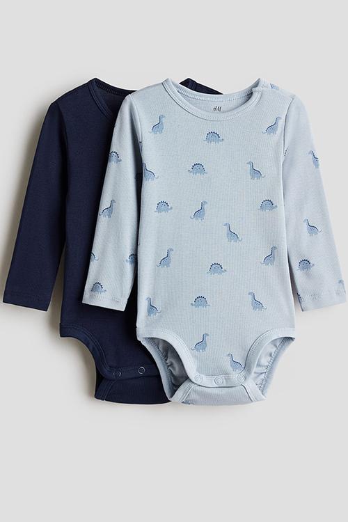 2-pack long-sleeved bodysuits - navy blue/dinosaurs