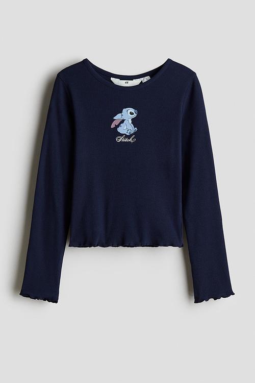Print-motif cotton top - navy blue/lilo & stitch