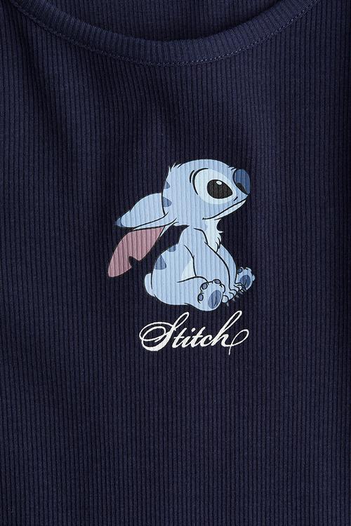 Print-motif cotton top - navy blue/lilo & stitch