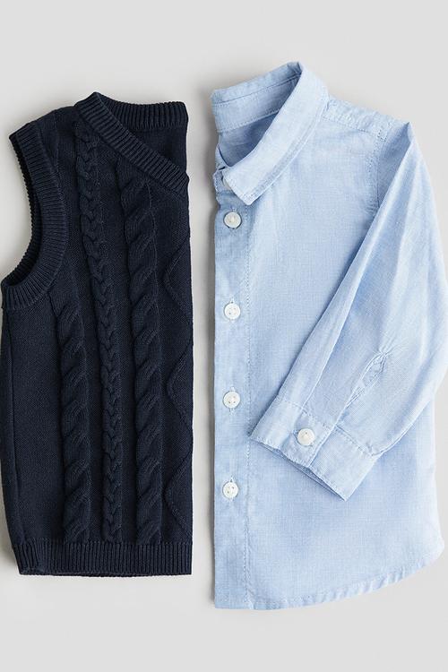 2-Piece shirt and sweater vest set - navy blue/light blue