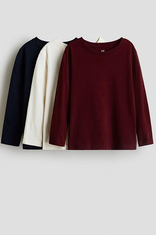 3-Pack long-sleeved T-shirts - dark red/white/navy blue