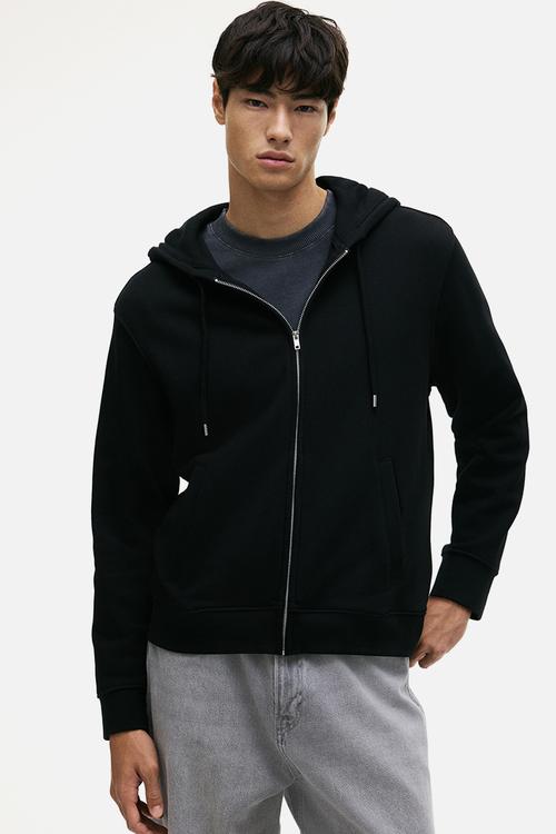 Regular fit zip-through hoodie - black
