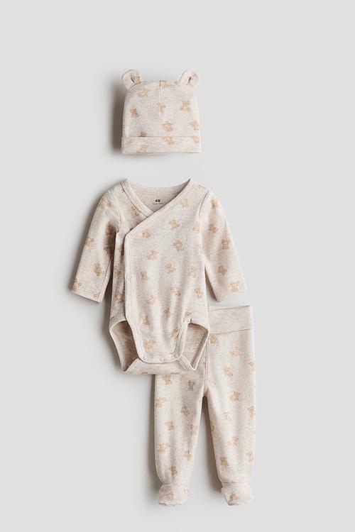 3-piece cotton jersey set - light beige marl/teddy bears