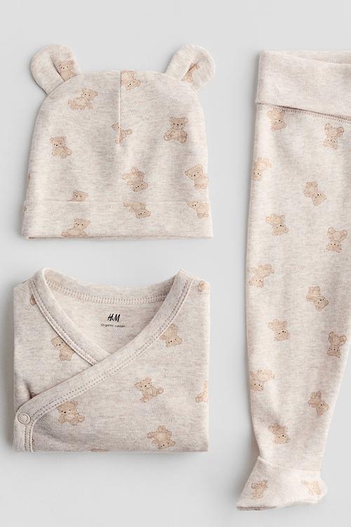 3-piece cotton jersey set - light beige marl/teddy bears