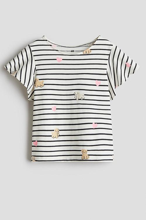 Printed flutter-sleeved top - white/black striped